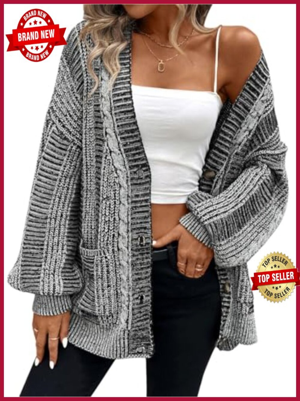Oversized Cable Knit Open Front Cardigan with Pockets